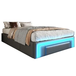 Lit avec rangement 90x200 cm - Lit simple avec 2 tiroirs et bande LED - Sans matelas - Gris><noscript><img width=