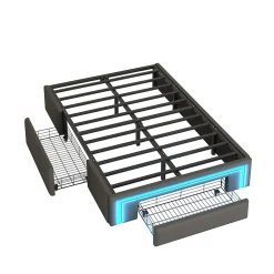 Lit avec rangement 90x200 cm - Lit simple avec 2 tiroirs et bande LED - Sans matelas - Gris><noscript><img width=