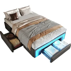 Lit avec rangement 90x200 cm - Lit simple avec 2 tiroirs et bande LED - Sans matelas - Gris><noscript><img width=