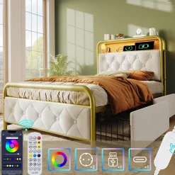 Lit avec Rangement 90x200 cm - Lit Capitonné Simple avec 2 Tiroirs, Prises USB et LED, Velours, Sans Matelas, Blanc>Okwish Best