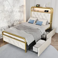 Lit avec Rangement 90x200 cm - Lit Capitonné Simple avec 2 Tiroirs, Prises USB et LED, Velours, Sans Matelas, Blanc><noscript><img width=