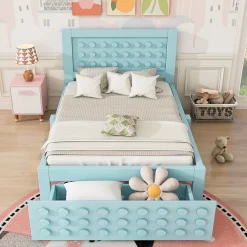 Okwish Lit avec rangement 90x200 cm - Lit simple avec tiroirs intégrés et design créatif - en MDF et bois massif - Bleu - Sans matelas* Lit Avec Rangement