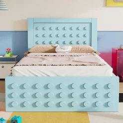 Okwish Lit avec rangement 90x200 cm - Lit simple avec tiroirs intégrés et design créatif - en MDF et bois massif - Bleu - Sans matelas* Lit Avec Rangement