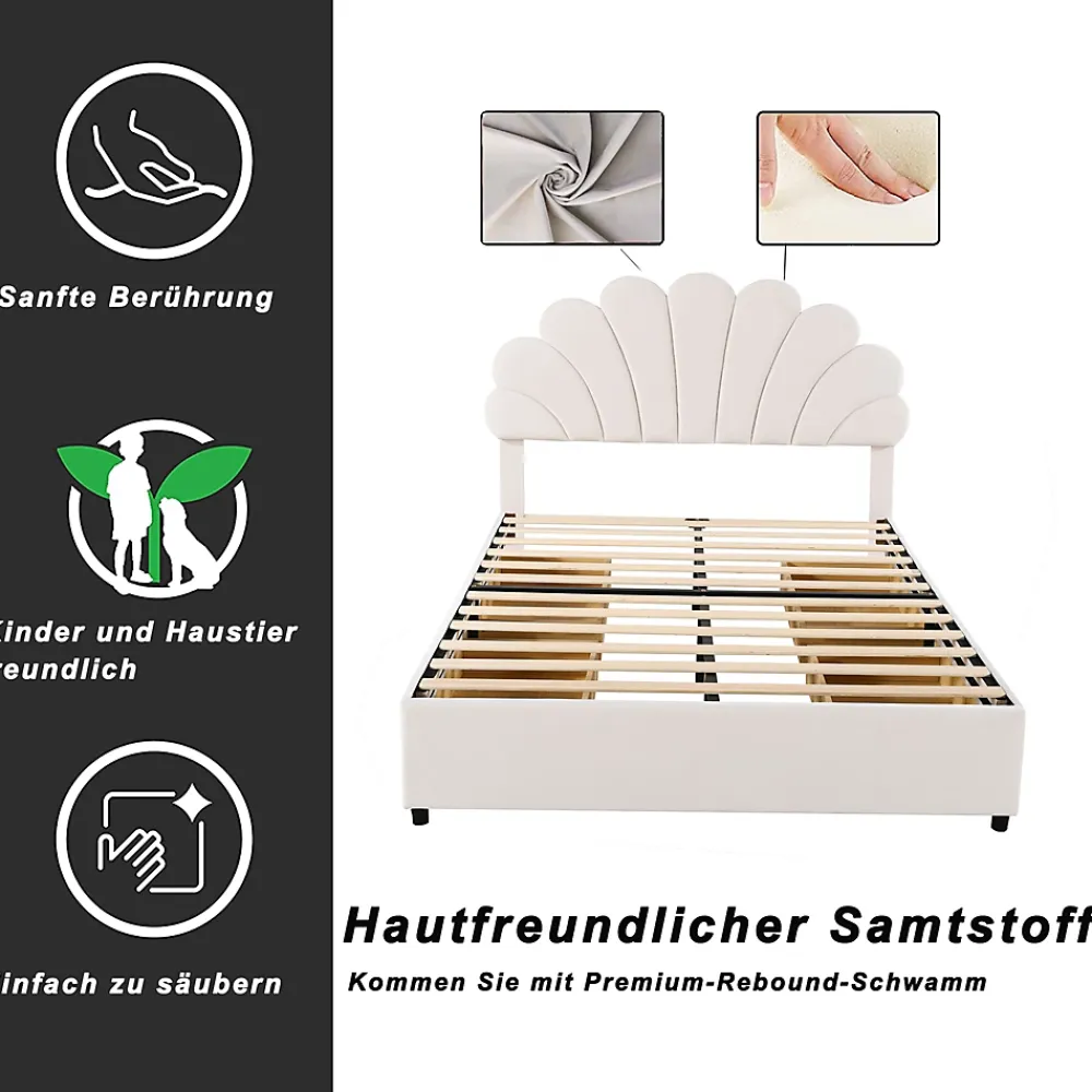 Okwish Lit avec rangement 140x200 cm - Lit double tête fleur - Velours - Sans Matelas - Beige* Lit Avec Rangement