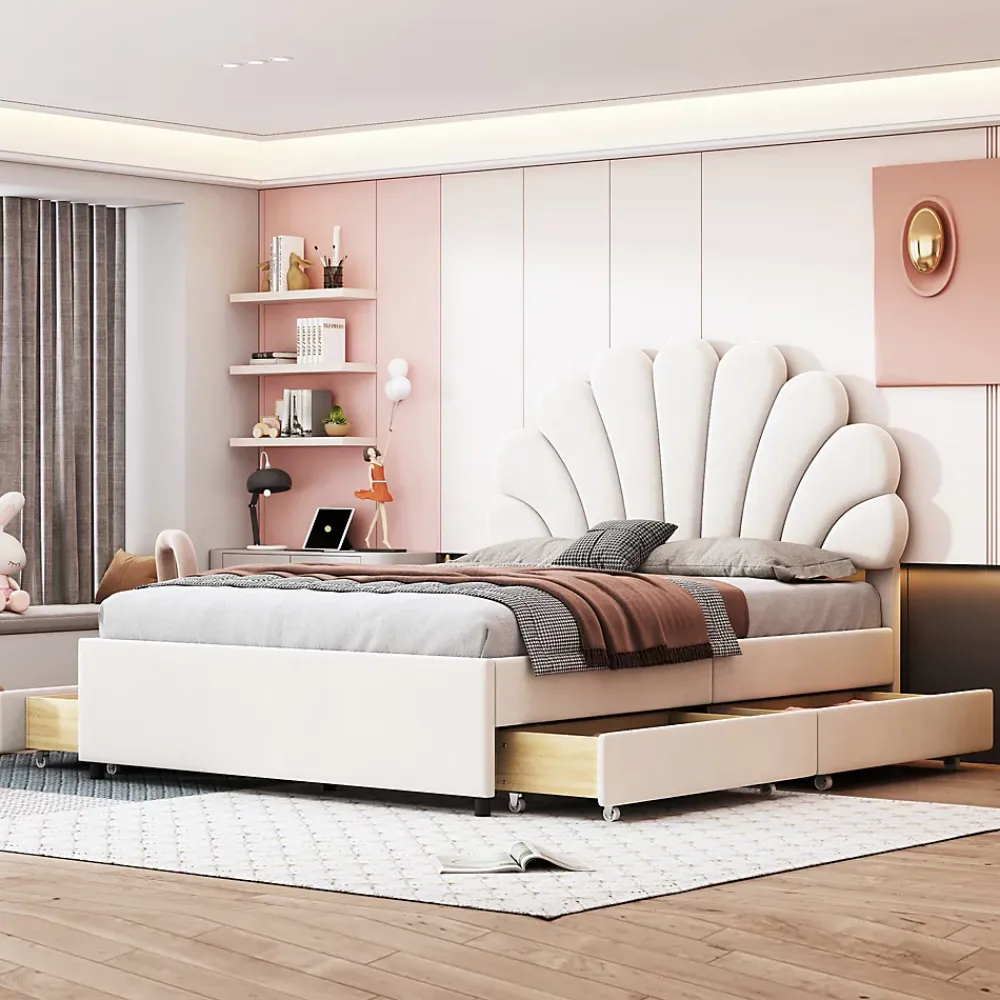 Okwish Lit avec rangement 140x200 cm - Lit double tête fleur - Velours - Sans Matelas - Beige* Lit Avec Rangement