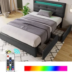 Okwish Lit avec rangement 90x200 cm - Lit simple capitonné avec LED et 2 tiroirs - Bois massif + Lin + Métal - Sans Matelas - Gris* Lit Avec Rangement