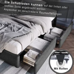 Okwish Lit avec rangement 90x200 cm - Lit simple capitonné avec LED et 2 tiroirs - Bois massif + Lin + Métal - Sans Matelas - Gris* Lit Avec Rangement