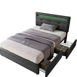 Okwish Lit avec rangement 90x200 cm - Lit simple capitonné avec LED et 2 tiroirs - Bois massif + Lin + Métal - Sans Matelas - Gris* Lit Avec Rangement