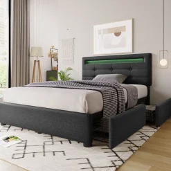 Okwish Lit avec rangement 90x200 cm - Lit simple capitonné avec LED et 2 tiroirs - Bois massif + Lin + Métal - Sans Matelas - Gris* Lit Avec Rangement