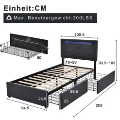 Okwish Lit avec rangement 90x200 cm - Lit simple capitonné avec LED et 2 tiroirs - Bois massif + Lin + Métal - Sans Matelas - Gris* Lit Avec Rangement