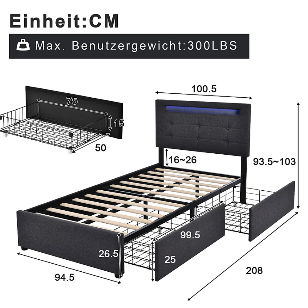 Okwish Lit avec rangement 90x200 cm - Lit simple capitonné avec LED et 2 tiroirs - Bois massif + Lin + Métal - Sans Matelas - Gris* Lit Avec Rangement