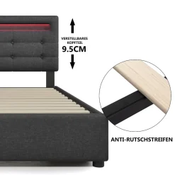 Okwish Lit avec rangement 90x200 cm - Lit simple capitonné avec LED et 2 tiroirs - Bois massif + Lin + Métal - Sans Matelas - Gris* Lit Avec Rangement