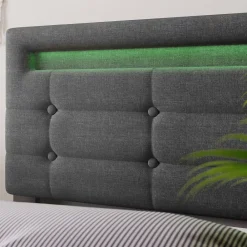 Okwish Lit avec rangement 90x200 cm - Lit simple capitonné avec LED et 2 tiroirs - Bois massif + Lin + Métal - Sans Matelas - Gris* Lit Avec Rangement