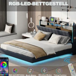 Lit avec rangement 140x200 cm - Lit double capitonné avec éclairage LED - lin + Métal - Sans matelas - Gris>Okwish