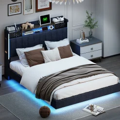 Lit avec rangement 140x200 cm - Lit double capitonné avec éclairage LED - lin + Métal - Sans matelas - Gris>Okwish