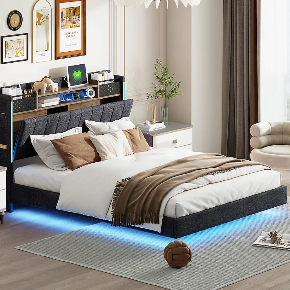 Lit avec rangement 140x200 cm - Lit double capitonné avec éclairage LED - lin + Métal - Sans matelas - Gris>Okwish