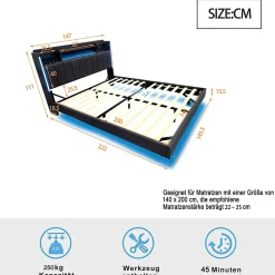 Lit avec rangement 140x200 cm - Lit double capitonné avec éclairage LED - lin + Métal - Sans matelas - Gris><noscript><img data-lazyloaded=