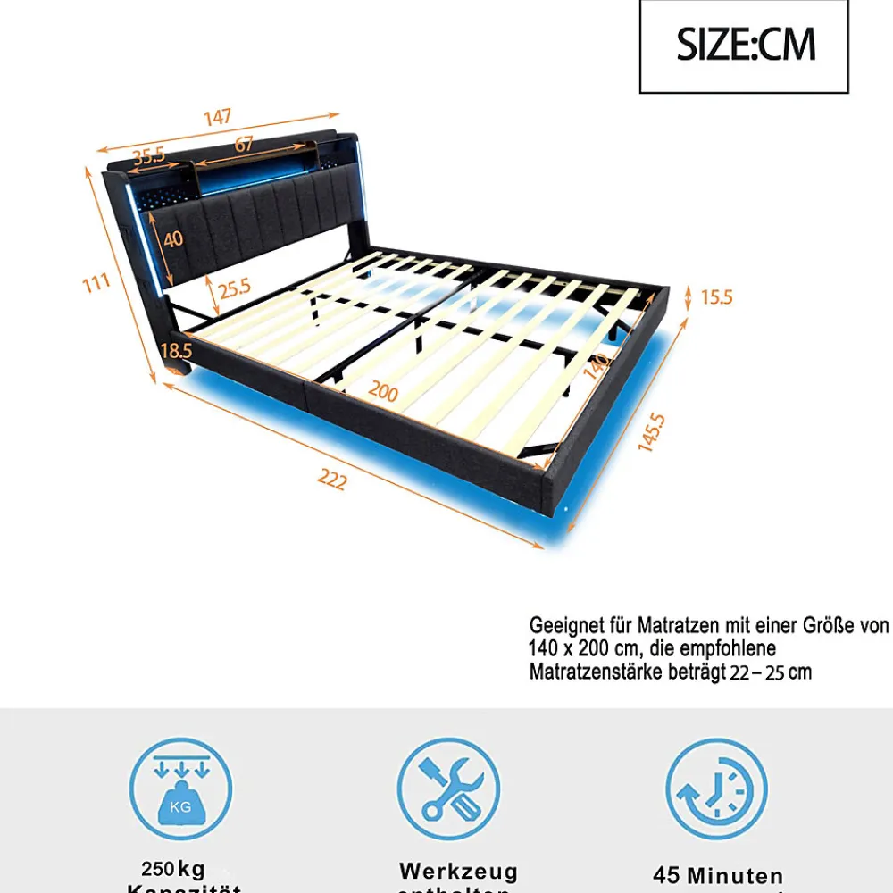 Lit avec rangement 140x200 cm - Lit double capitonné avec éclairage LED - lin + Métal - Sans matelas - Gris>Okwish