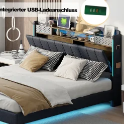 Lit avec rangement 140x200 cm - Lit double capitonné avec éclairage LED - lin + Métal - Sans matelas - Gris><noscript><img data-lazyloaded=