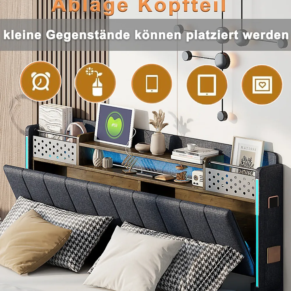 Lit avec rangement 140x200 cm - Lit double capitonné avec éclairage LED - lin + Métal - Sans matelas - Gris>Okwish