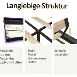 Lit avec rangement 140x200 cm - Lit double capitonné avec éclairage LED - lin + Métal - Sans matelas - Gris><noscript><img data-lazyloaded=