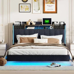 Lit avec rangement 140x200 cm - Lit double capitonné avec éclairage LED - lin + Métal - Sans matelas - Gris><noscript><img data-lazyloaded=