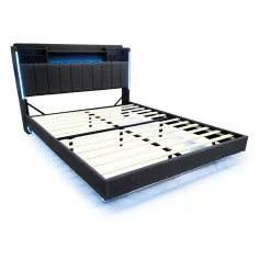 Lit avec rangement 140x200 cm - Lit double capitonné avec éclairage LED - lin + Métal - Sans matelas - Gris><noscript><img data-lazyloaded=