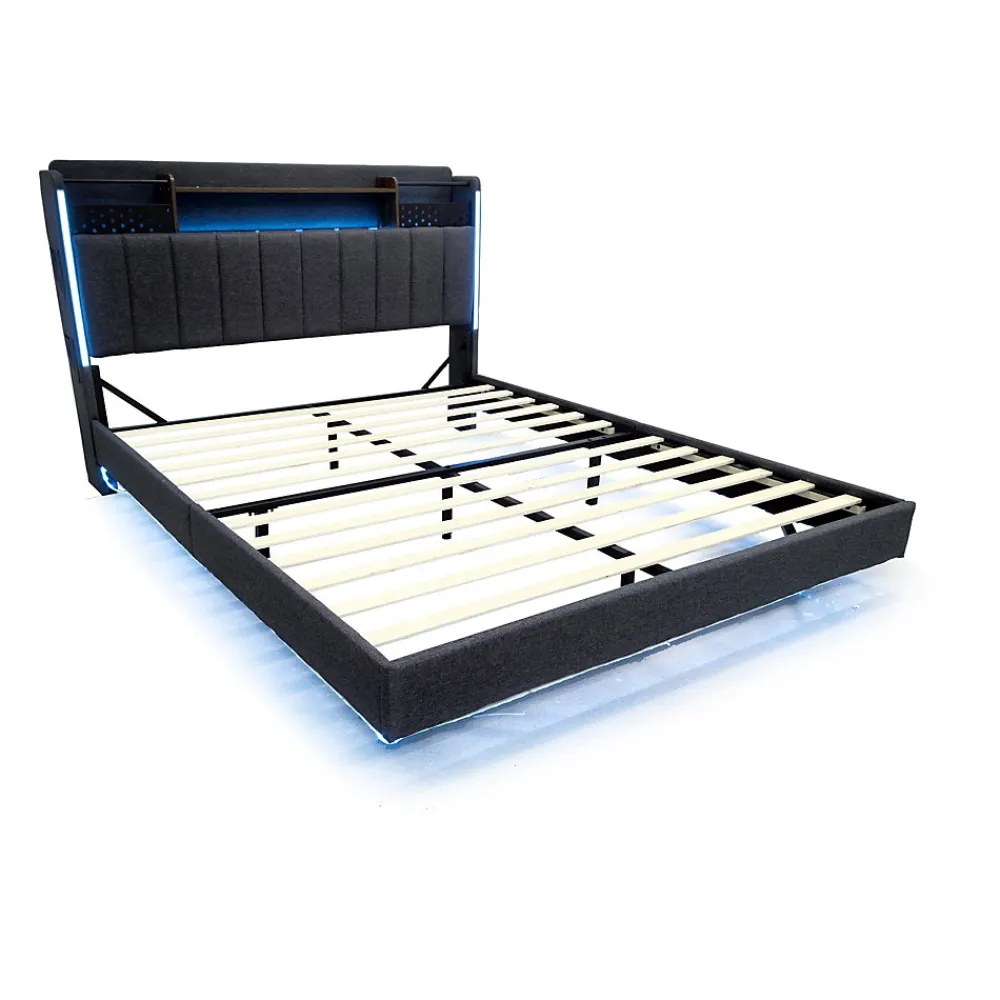 Lit avec rangement 140x200 cm - Lit double capitonné avec éclairage LED - lin + Métal - Sans matelas - Gris>Okwish