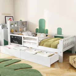 Lit avec rangement 90x200 cm - Lit enfant simple avec 2 tiroirs et table, structure en bois massif et MDF - Blanc - Sans matelas>Okwish Clearance