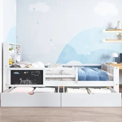 Lit avec rangement 90x200 cm - Lit enfant simple avec 2 tiroirs et table, structure en bois massif et MDF - Blanc - Sans matelas>Okwish Clearance