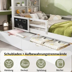 Lit avec rangement 90x200 cm - Lit enfant simple avec 2 tiroirs et table, structure en bois massif et MDF - Blanc - Sans matelas><noscript><img width=