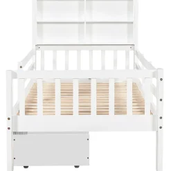 Lit avec rangement 90x200 cm - Lit enfant simple avec 2 tiroirs et table, structure en bois massif et MDF - Blanc - Sans matelas><noscript><img width=