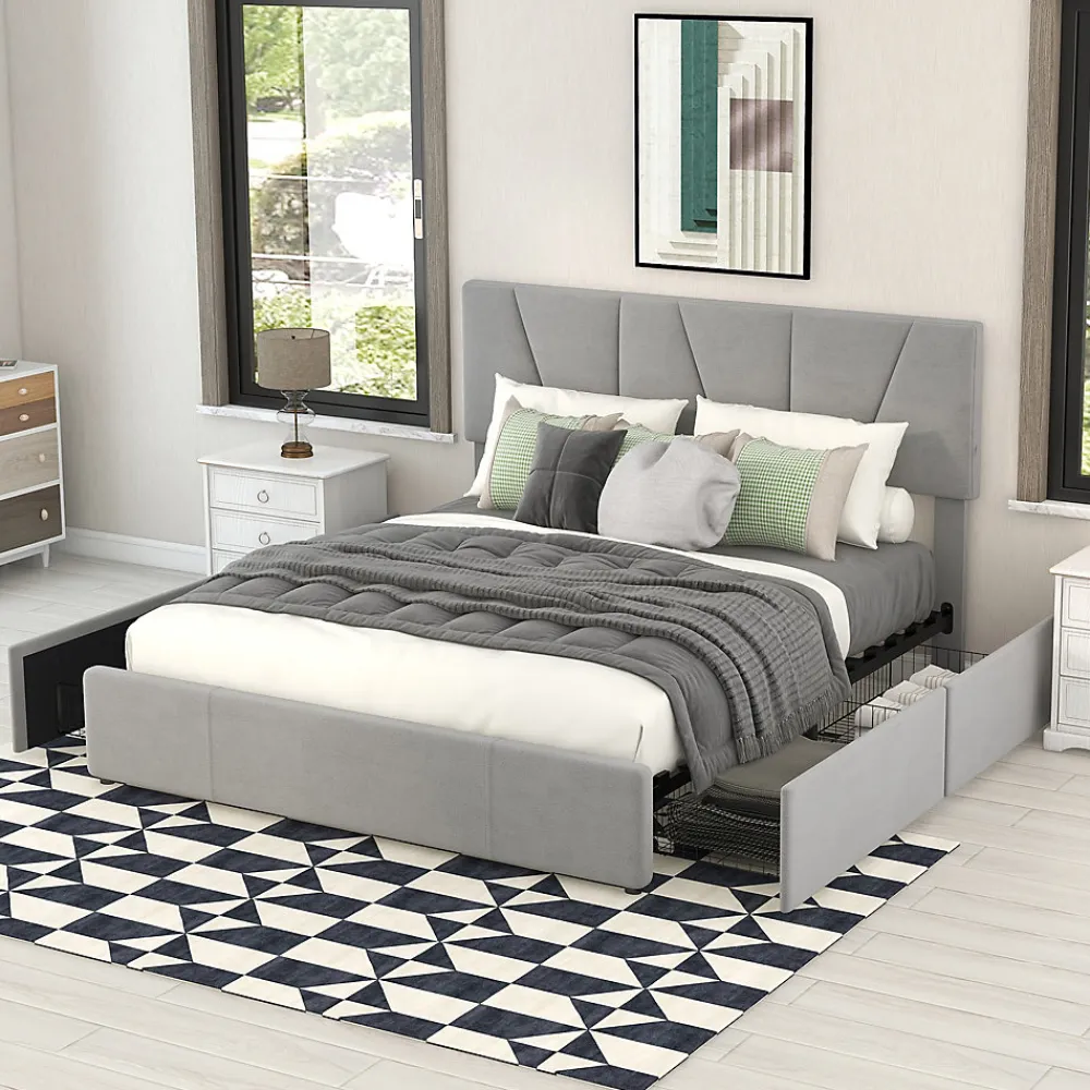 Lit avec rangement 140x200 cm - Lit rembourré avec tête de lit réglable et 4 tiroirs - Bois de pin + Velours - Sans matelas - Gris>Okwish Hot