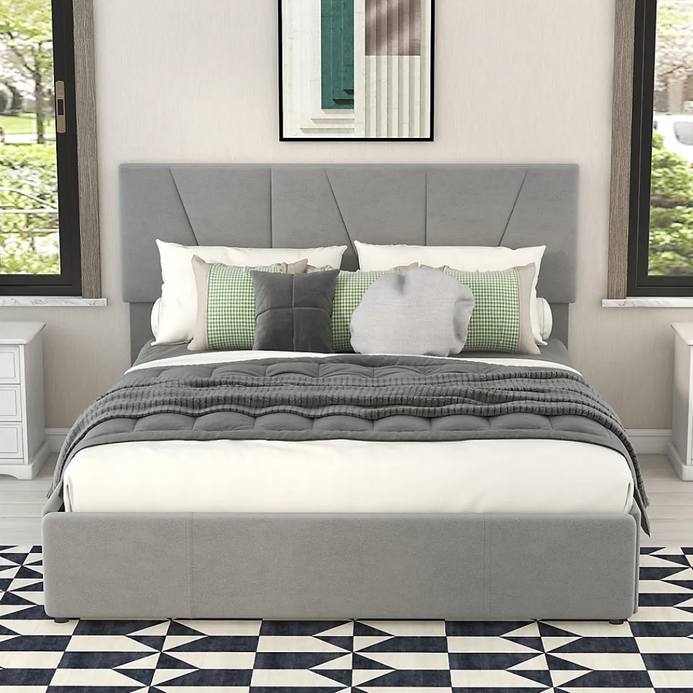 Lit avec rangement 140x200 cm - Lit rembourré avec tête de lit réglable et 4 tiroirs - Bois de pin + Velours - Sans matelas - Gris>Okwish Hot
