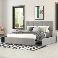 Lit avec rangement 140x200 cm - Lit rembourré avec tête de lit réglable et 4 tiroirs - Bois de pin + Velours - Sans matelas - Gris><noscript><img width=