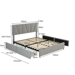 Lit avec rangement 140x200 cm - Lit rembourré avec tête de lit réglable et 4 tiroirs - Bois de pin + Velours - Sans matelas - Gris><noscript><img width=