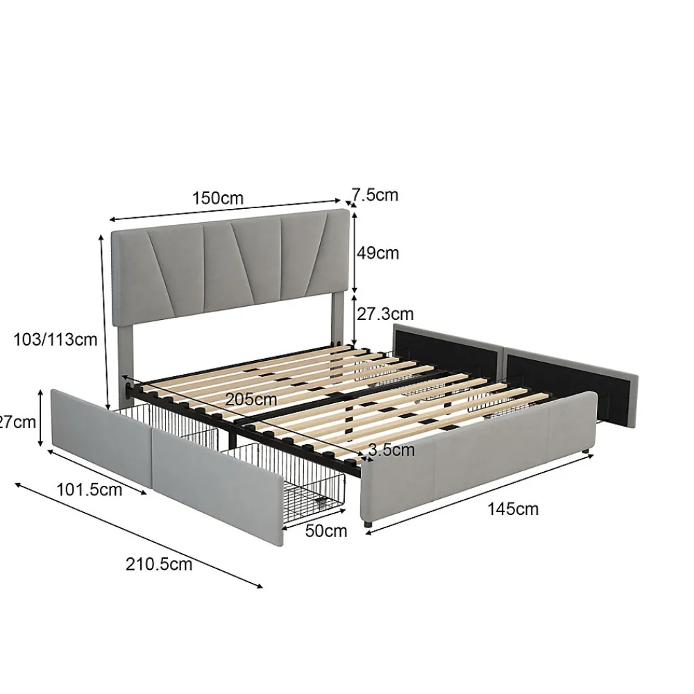 Lit avec rangement 140x200 cm - Lit rembourré avec tête de lit réglable et 4 tiroirs - Bois de pin + Velours - Sans matelas - Gris>Okwish Hot