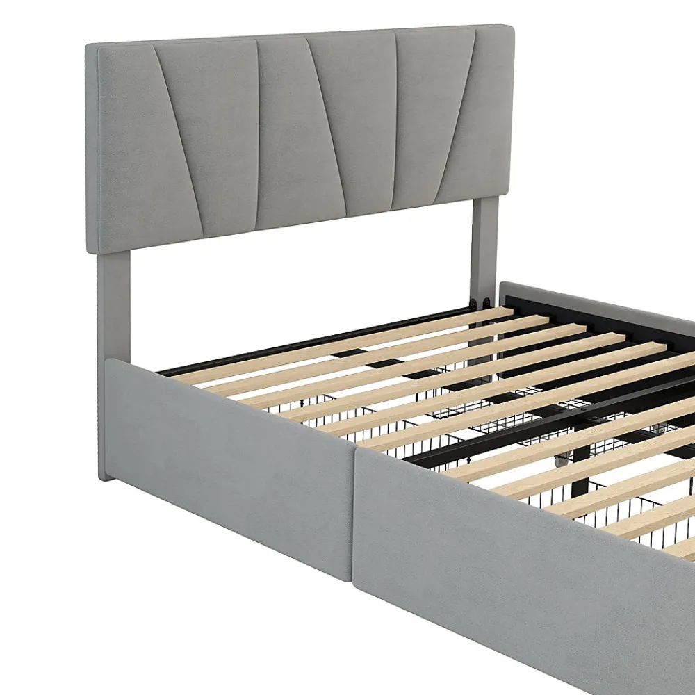 Lit avec rangement 140x200 cm - Lit rembourré avec tête de lit réglable et 4 tiroirs - Bois de pin + Velours - Sans matelas - Gris>Okwish Hot