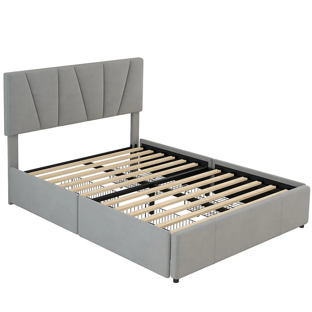 Lit avec rangement 140x200 cm - Lit rembourré avec tête de lit réglable et 4 tiroirs - Bois de pin + Velours - Sans matelas - Gris>Okwish Hot