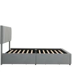 Lit avec rangement 140x200 cm - Lit rembourré avec tête de lit réglable et 4 tiroirs - Bois de pin + Velours - Sans matelas - Gris><noscript><img width=