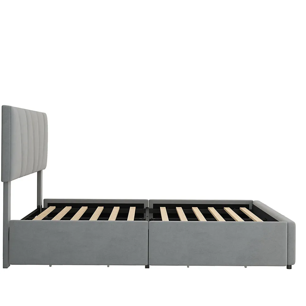 Lit avec rangement 140x200 cm - Lit rembourré avec tête de lit réglable et 4 tiroirs - Bois de pin + Velours - Sans matelas - Gris>Okwish Hot