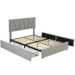 Lit avec rangement 140x200 cm - Lit rembourré avec tête de lit réglable et 4 tiroirs - Bois de pin + Velours - Sans matelas - Gris><noscript><img width=
