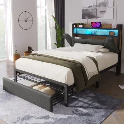 Okwish Lit avec rangement 90x200 cm - Lit simple rembourré avec tiroirs et fonction de chargement USB - Lin - Sans Matelas - Gris* Lit Avec Rangement