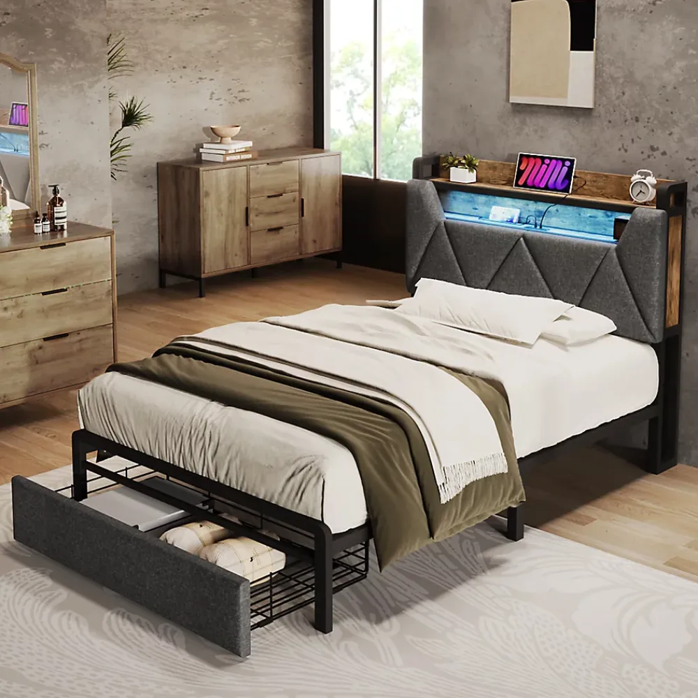 Okwish Lit avec rangement 90x200 cm - Lit simple rembourré avec tiroirs et fonction de chargement USB - Lin - Sans Matelas - Gris* Lit Avec Rangement