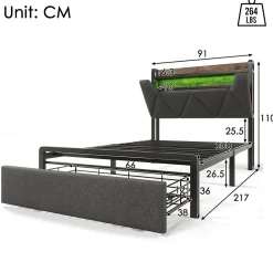 Okwish Lit avec rangement 90x200 cm - Lit simple rembourré avec tiroirs et fonction de chargement USB - Lin - Sans Matelas - Gris* Lit Avec Rangement