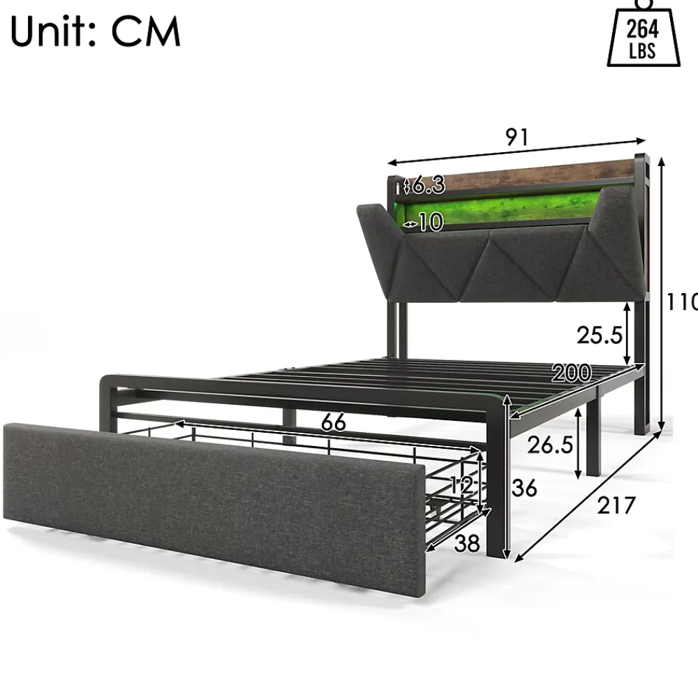 Okwish Lit avec rangement 90x200 cm - Lit simple rembourré avec tiroirs et fonction de chargement USB - Lin - Sans Matelas - Gris* Lit Avec Rangement