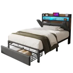 Okwish Lit avec rangement 90x200 cm - Lit simple rembourré avec tiroirs et fonction de chargement USB - Lin - Sans Matelas - Gris* Lit Avec Rangement
