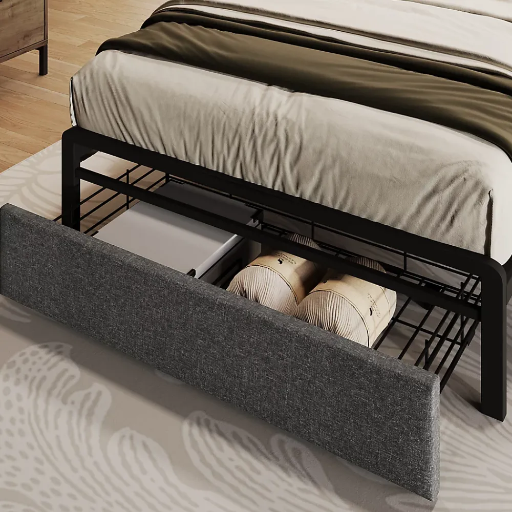 Okwish Lit avec rangement 90x200 cm - Lit simple rembourré avec tiroirs et fonction de chargement USB - Lin - Sans Matelas - Gris* Lit Avec Rangement