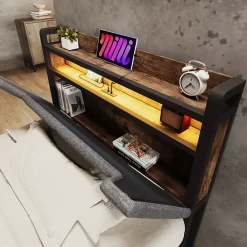Okwish Lit avec rangement 90x200 cm - Lit simple rembourré avec tiroirs et fonction de chargement USB - Lin - Sans Matelas - Gris* Lit Avec Rangement