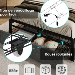 Okwish Lit avec rangement 90x200 cm - Lit simple rembourré avec tiroirs et fonction de chargement USB - Lin - Sans Matelas - Gris* Lit Avec Rangement